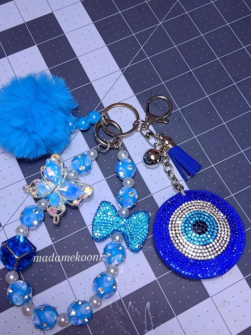 Blue Beaded Keychain Set with Rhinestone Evil Eye and Butterfly Charm